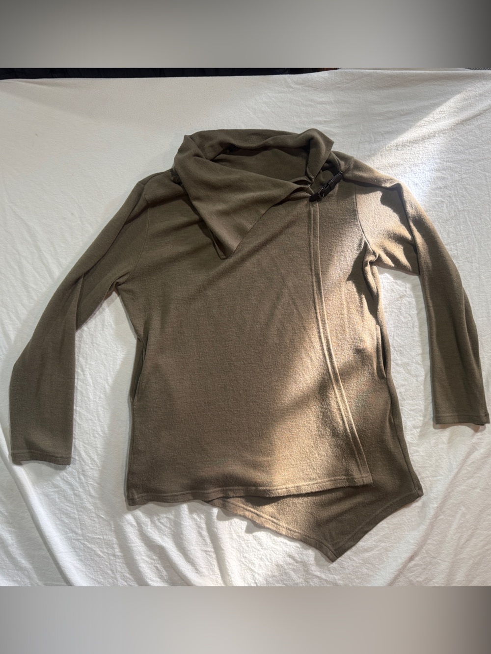 Cupshe Taupe Olive Asymmetric Faux Leather Buckle Wrap Sweater - Size XL